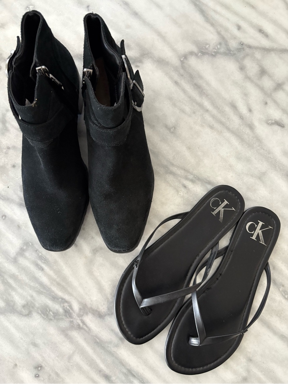 Duo of 7.5 Shoes. Blondo Black Boots and Calvin Klein Black Flip Flop Sandals